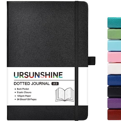 Dotted Journal/Notebook - Dot Grid Hard Cover Notebook, Premium Thick Paper with Fine Inner Pocket, Black Smooth Faux Leather, Pen Loop, 5.3''×8.26'' - Black - color: Black, size: Dotted