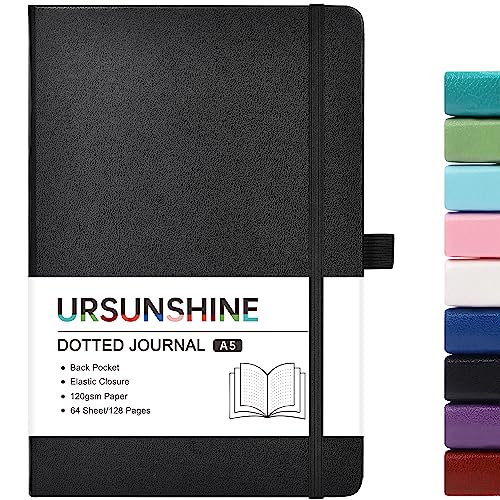 Dotted Journal/Notebook - Dot Grid Hard Cover Notebook, Premium Thick Paper with Fine Inner Pocket, Black Smooth Faux Leather, Pen Loop, 5.3''×8.26'' - Black - color: Black, size: Dotted