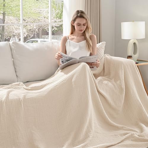 Esterra Muslin Throw Blanket 50x65 Inches Cozy Soft Lightweight Pre-Washed Cotton Blanket, All Season Breathable 4-Layer Gauze Blanket Throw for Sofa Couch Bed, Neutral - color: 02 - Neutral, size: Throw (50"x65")