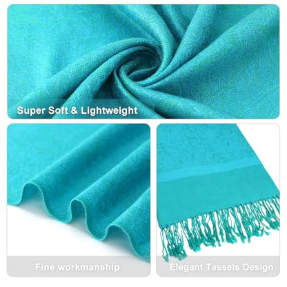 Silky Paisley Pashmina Shawl Scarf-Women's Soft Double-side Jacquard Pashminas Wrap for Evening Dress Travel Shawl - color: A-aqua