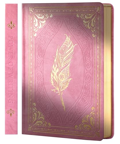 CAGIE 320 Pages Thick Hardcover Journaling Notebooks Vintage Leather Journal for Women Men A5 College Ruled Journals for Writing with Gift Box, 5.7 x 8.3 in, Gold Pink - color: Pink