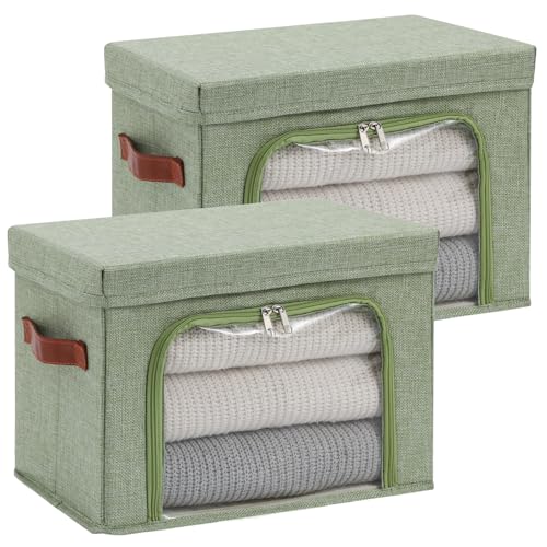2PCS Large Storage Bins Boxes with Lids Clear Window Zipper Closure Decorative Cotton Linen Fabric Baskets with PU Leather Handles PP Board Collapsible Shelf Closet Organizer (Light Green) - color: Light Green, size: Large ( Pack of 2 )