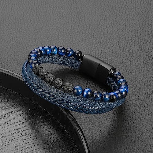 FOCOOG Leather Bead Bracelets for Men, Natural Tiger Eye Lava Rock Stone Bead Magnetic Clasp Adjustable Leather Bracelets Stress Relief Mens Anxiety Bracelet Mens Jewelry Gifts - style: Blue Leather-Blue Tiger Eye&Lava Rock