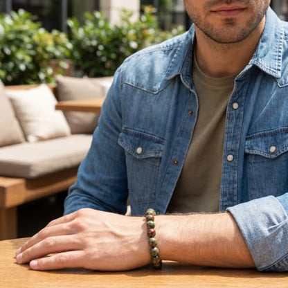 Natural Stone Beaded Bracelets for Women Men - 8MM Semi-Precious Stones Bracelets Adjustable Crystal Beads Stretch Bracelet - color: Dragon Blood Jasper