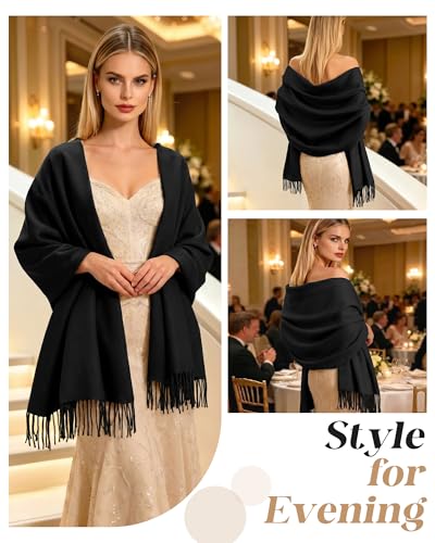 Winter Scarf for Women Pashmina Shawls and Wraps for Evening Dresses Wedding Party Bridesmaid Warm Long Scarves Shawl - color: Black