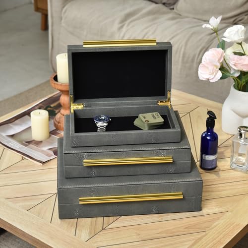 Faux Shagreen Decorative Storage Boxes – Set of 3 Stackable Jewelry Organizers with Gold Metal Handles & Velvet Lining, Modern Grey Box for Vanity, Entryway & Coffee Table Décor