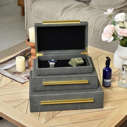 Faux Shagreen Decorative Storage Boxes – Set of 3 Stackable Jewelry Organizers with Gold Metal Handles & Velvet Lining, Modern Grey Box for Vanity, Entryway & Coffee Table Décor