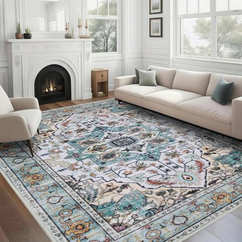 WILLSUN Washable Area Rugs, 8x10 Non-Slip Boho Large Area Rugs for Living Room, Bedroom, Machine Washable Vintage Rug, Indoor Floral Print Carpet for Home Decor, Kid & Pet Friendly Mat - color: Beige/Light Blue, size: 8' x 10' (Rectangular)