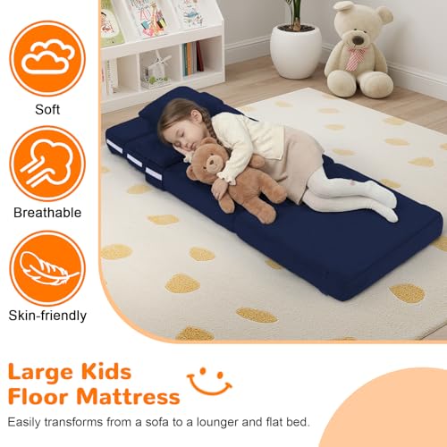 MeMoreCool Foldable Futon Chair Bed for Kids, Toddler Sofa Mattress, Convertible Foam Floor Couch, Tri-fold Sleeping Mattress (Navy) - color: Navy