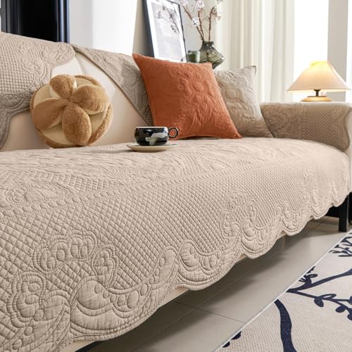 vctops Boho Cotton Quilted Couch Cover Soft Embroidered Sofa Cover Non-Slip Dog Bed Cover Scalloped Sofa Slipcover Washable Furniture Protector Cover (Khaki,28"x59") - color: Khaki, size: 1pc/28"x59"/Rectangular