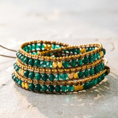 YGLINE Natural Stone Wrap Bracelet for Women Boho Bracelets Healing Crystal Beaded Bracelet Adjustable 3/5 Wraps Bracelet Handmade Birthday Gifts for Women - color: Green Agate(3 wraps)