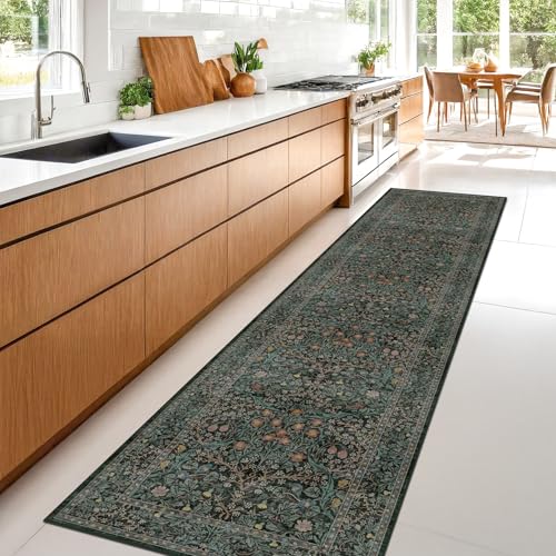 Dark Green Washable 2x8 Runner Rug Non Slip for Kitchen, Hallway, Entryway Indoor, 8ft Long Rubber Backed Low Pile Carpet Runners - Stain Resistant Vintage Floor Décor - color: Dark Green / Black, size: 2' x 8' (Runner)