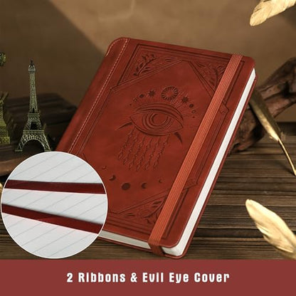 TIEFOSSI Lined Journal Notebook for Women Men, Leather Journal with Pen, A5 Evil Eye Hardcover Notebook for Work, Journaling, Travel & School, 100 GSM Thick Paper, 320 Numbered Pages, 6.2 x 8.3 in - color: Brown
