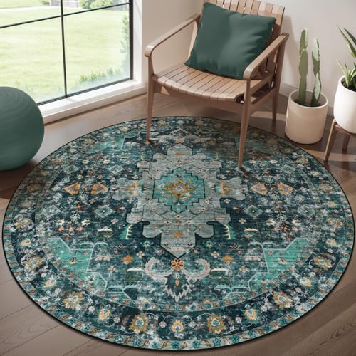 Ciicool 4ft Round Boho Area Rug,Washable Circle Rugs for Bedroom Bedside,Non-Slip Vintage Entryway Throw Low-Pile Indoor Carpet for Living Room Dining Room Kitchen - color: Teal/Multi, size: 4' (Round)