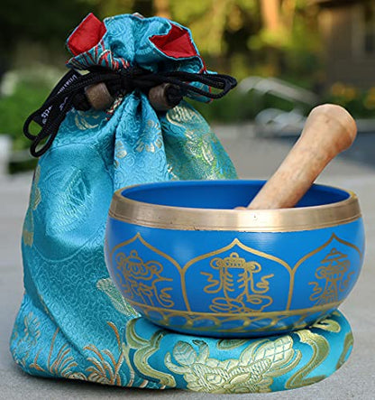 Medium ~ Tibetan 8 Lucky Symols Singing Bowl Set ~ With Mallet, Brocade Cushion & Carry Bag ~ For Meditation, Chakra Healing, Prayer, Yoga (Turquoise) - color: Turquoise