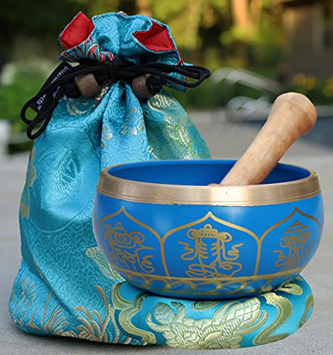 Medium ~ Tibetan 8 Lucky Symols Singing Bowl Set ~ With Mallet, Brocade Cushion & Carry Bag ~ For Meditation, Chakra Healing, Prayer, Yoga (Turquoise) - color: Turquoise