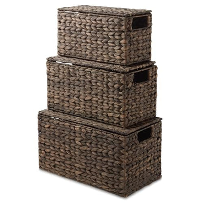 Casafield Set of 3 Water Hyacinth Storage Baskets with Lids, Espresso - Small, Medium, Large Woven Nesting Bins for Bathroom, Bedroom, Closets, Shelves