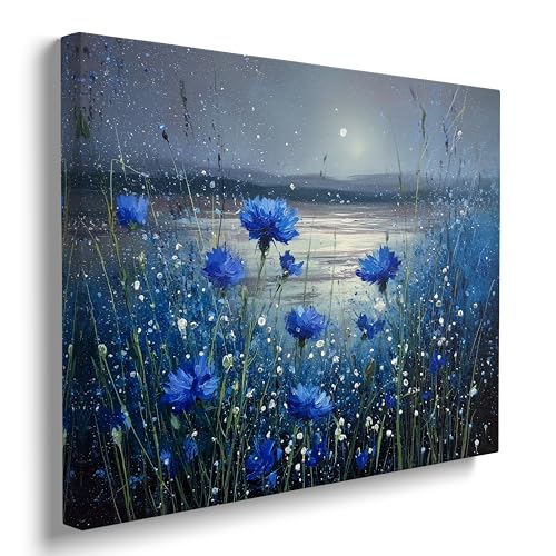 Beautiful Blue Cornflowers Moonlit Lake Landscape Canvas Wall Art - Tranquil Nature Home Decor for Living Room & Bedroom Bathroom - HD Waterproof Stretched Framed Art Print Ready to Hang 12x16 Inches - color: Blue Flower (Wrapped Canvas), size: 16"L x 12"