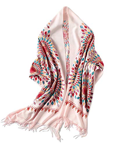 Urban CoCo Women's Embroidered Oversize Tassel Shawl Scarf Wraps for Women - color: Pink