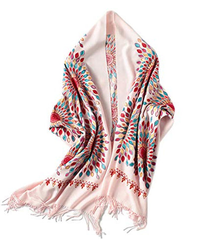 Urban CoCo Women's Embroidered Oversize Tassel Shawl Scarf Wraps for Women - color: Pink