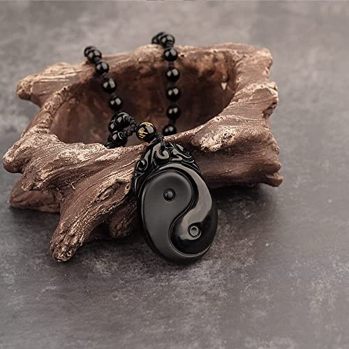 Black Obsidian Necklace Natural Crystal Amulet Protection Pendant with Adjustable Rope Lucky Talisman Necklaces Jewelry Gift for Men Women - color: Yin Yang TaiChi