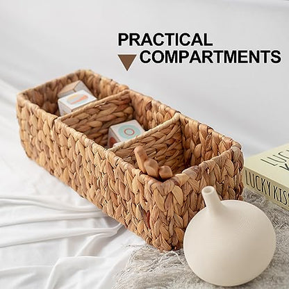 3-Section Wicker Baskets Storage Bin, Water Hyacinth Storage Basket, Handwoven Desk Organizer, Toilet Paper Container, Rectangle Holder for Counter Top Toilet