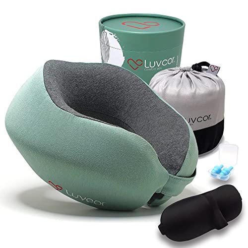 Premium Quality Memory Foam Travel Neck Pillow Bundle - Best Ergonomic Pillow for Airplane Travel, car Ride, Sleeping. Comes with Eye mask, earplugs and Storage Bag. (Imperial Green) - color: Imperial Green