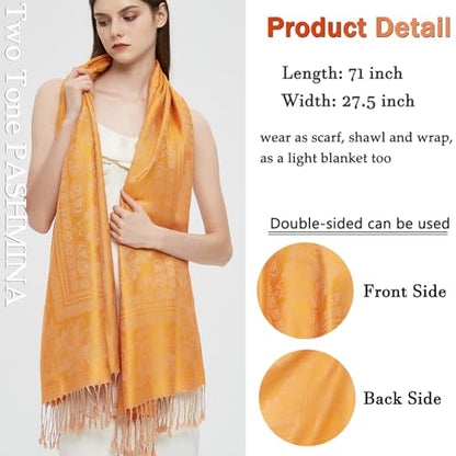 Pashmina Shawl Wrap with Ethnic Paisley Two Tone Jacquard Scarf for Women - color: Orange