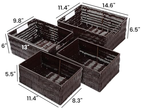 Elevon Plastic Wicker Basket Set of 4, Handmade Storage Basket for Organizing with Handles, Storage Bins for Home Kitchen Countertop, Shelf Organizer, Waterproof, Coffee