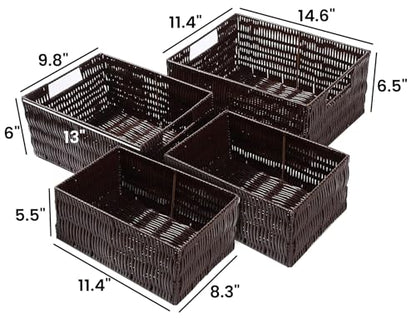 Elevon Plastic Wicker Basket Set of 4, Handmade Storage Basket for Organizing with Handles, Storage Bins for Home Kitchen Countertop, Shelf Organizer, Waterproof, Coffee
