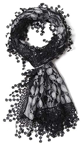 Cindy and Wendy Lightweight Soft Leaf Lace Fringes Scarf Bridal Veils shawl for Women - color: Black Grey