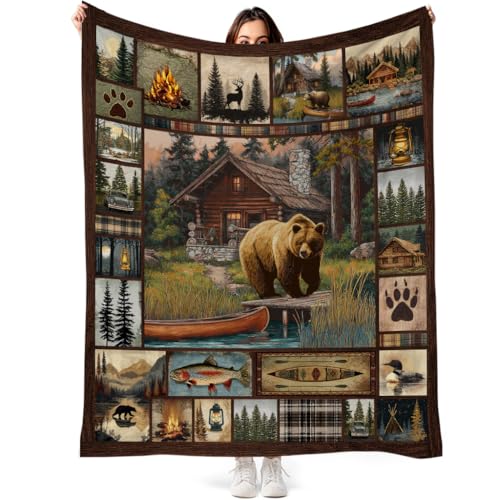 Rustic Cabin Bear Blanket Wildlife Deer Forest Throw Blanket Soft Cozy Patchwork Lodge Blanket Gifts for Outdoors Lovers, 50x60 Inch - color: Brown Green, size: 50"x60"