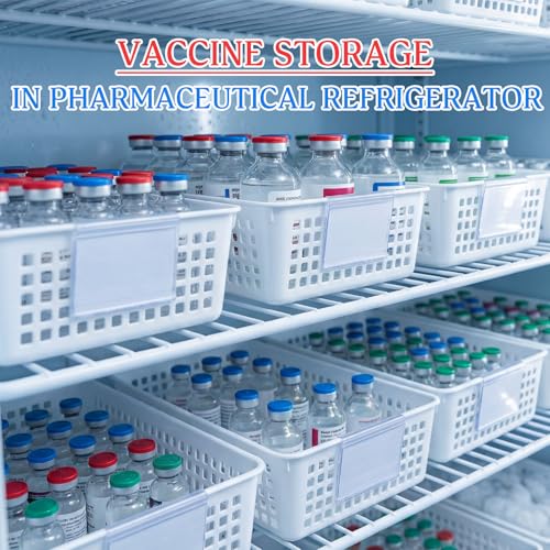Vaccine Storage Basket, Medication Storage Organizer, 8 White Baskets with 12 Clear Label Holders & 12 Plain Labels for Medical Refrigerator
