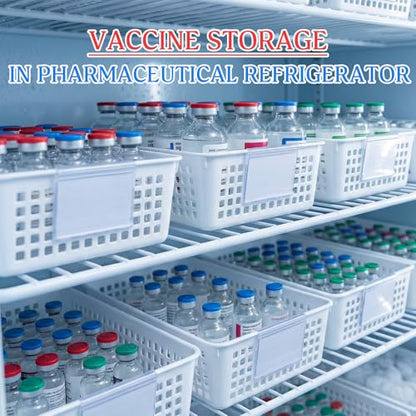 Vaccine Storage Basket, Medication Storage Organizer, 8 White Baskets with 12 Clear Label Holders & 12 Plain Labels for Medical Refrigerator