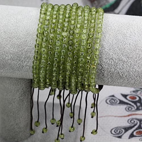 Keleny Natural Gemtones 4mm Round Beads Crystal Adjustable Braided Macrame Tassels Bracelets Unisex - color: Green Olivine Quartzite Peridot