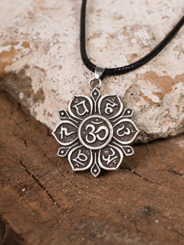 HAQUIL Mandala Flower of Life Necklace, Buddhist Lotus Flower Om Mandala Pendant, Faux Leather Cord - color: Mantra Lotus Flower