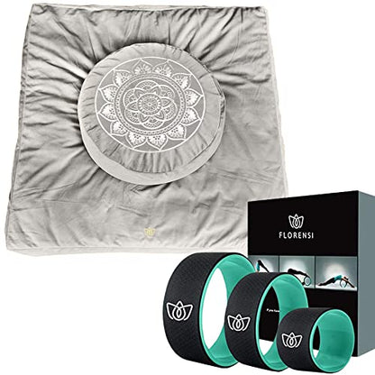 Florensi Yoga & Meditation Bundle | Grey Zabuton Meditation Mat, Grey Meditation Cushion & Yoga Wheel 3 Pack