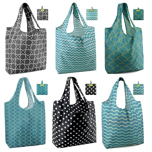 BeeGreen Geometry Reusable Shopping Bags Cute Grocery Bag 6 Pack, Christmas Gift Bags Heavy-Duty Foldable Shopping Totes for Supermarket, Work & Travel, Large Washable Polyester Tote Bag with Handles - color: Green, gray, black
