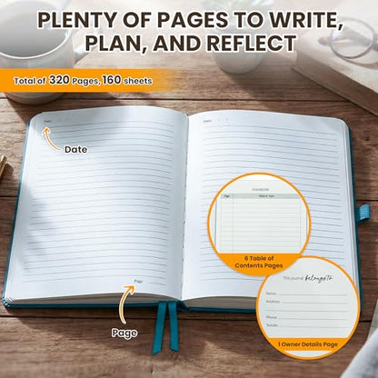 Decorably 312 Pages A5 Teal Journal Lined Notebook for Women & Men, 5.7x8.3in PU Leatherbound Hardcover, Table of Contents, Ribbon Bookmarks, Pen Holder & Back Pocket - School, Work