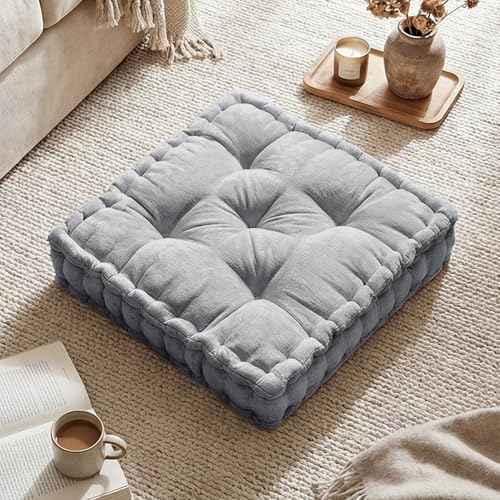 Intelligent Design Floor Pillow - Shredded Foam Filled Meditation & Yoga Cushion, Chenille Tufted, Handsewn Scalloped Edge, Oeko-TEX Certified, Azza, 20" x 20" x 5" Grey
