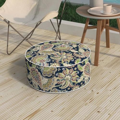 Outdoor Patio Inflatable Ottoman, 21x9 Inch Portable Stool Ottoman with Handle, Round Footrest Stool for Home Garden Camping, Paisley Sapphire Blue - color: Paisley Sapphire Blue, size: 21"D x 21"W x 9"H