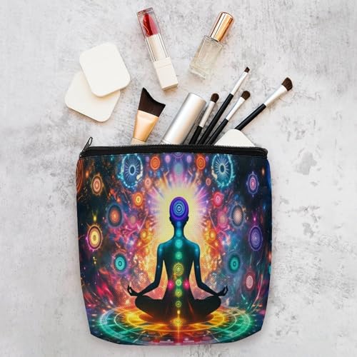 Chakra Meditation Large Capacity Linen Cosmetic Bag with Zipper for Women, Sturdy Durable Makeup Travel Bag for Toiletries Trip Organization