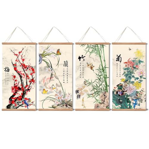 Plum Bossom Chrysanthemum Bamboo Orchid Painting ,Wall Art for Living Room Bedroom,Chinese Traditional Meticulous Painting,Posters and Printing,Fixed Wooden Hanging Scroll (All 4 pieces, 16”x32”) - color: Complete Collection, size: 16"x32"
