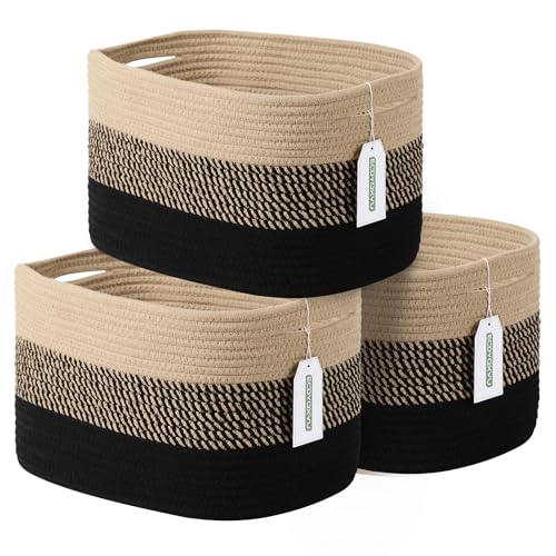 ECDYQXVU Cotton Rope Storage Basket, 15x10x9 Inches, Woven Basket for Shelves, Clothes, Towels, Books, and Laundry, Gradient Black/Brown (3 Pack) - color: Gradient Black/Brown, size: 3 Pack