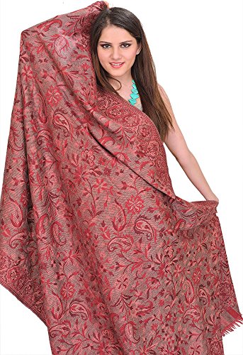 Exotic India Women Reversible Jamawar Wool Shawl with Woven Flowers | Ethnic Beautiful Floral Weave Stole, Dupatta - color: Garnet Rose