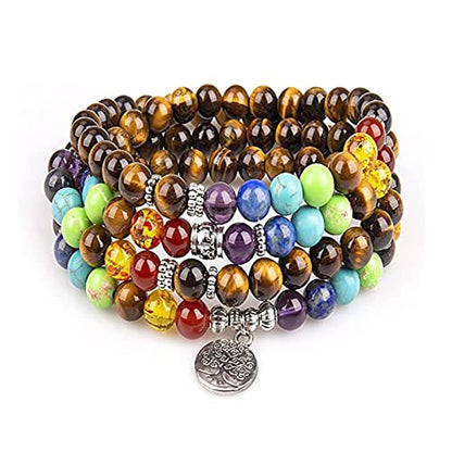 108 Mala Beads Necklace 7 Chakra Tree of Life Pendant Prayer Buddha Bracelets Healing Stone Yoga Men Women Jewelry - color: Praye Tiger Eye