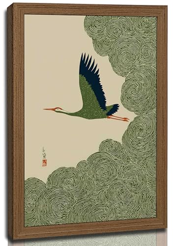 VASORASUE Wooden Framed Japanese Crane Wall Art,Swirling Cloud Zen Vintage Bird Decor for Bedroom Living Room-12x16in - color: crane, size: 16"L x 12"W