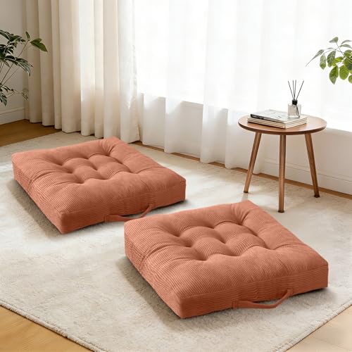 Floor Cushion Pink 18x18 Inch Floor Sitting Cushions 2-Pack, Tufted Corduroy Chair Pads with Handle, Machine Washable for Tatami Living Room Kitchen Seats - color: Pink