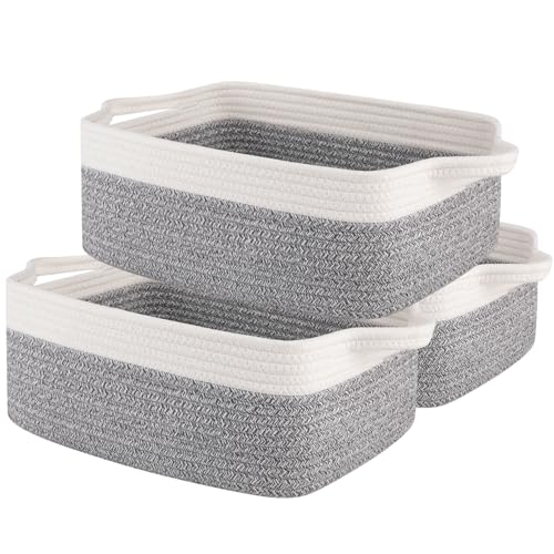 OIAHOMY 3 Pack Storage Baskets for Organizing, Woven Cotton Rope Basket for Shelves, Closet Organizer Bins with Handles, Rectangle Toy Organization, 13.78''×9.84''×5.5'', Grey & White - color: Grey variegated, size: 13.8''×9.8''×5.5''