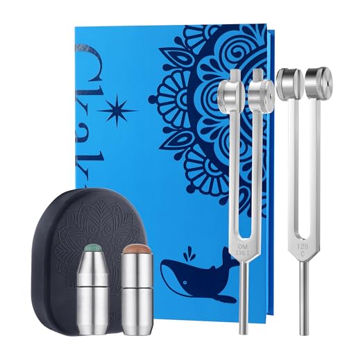 Ckakra Weighted Tuning Forks Set with Genuine Gemstone Base, Complete Set for Effective Sound Therapy,Gem-Feet for Deeper Resonance & Enhanced Vibration,Odorless Silicone Activator,OM136.1+OTTO128 - color: 2